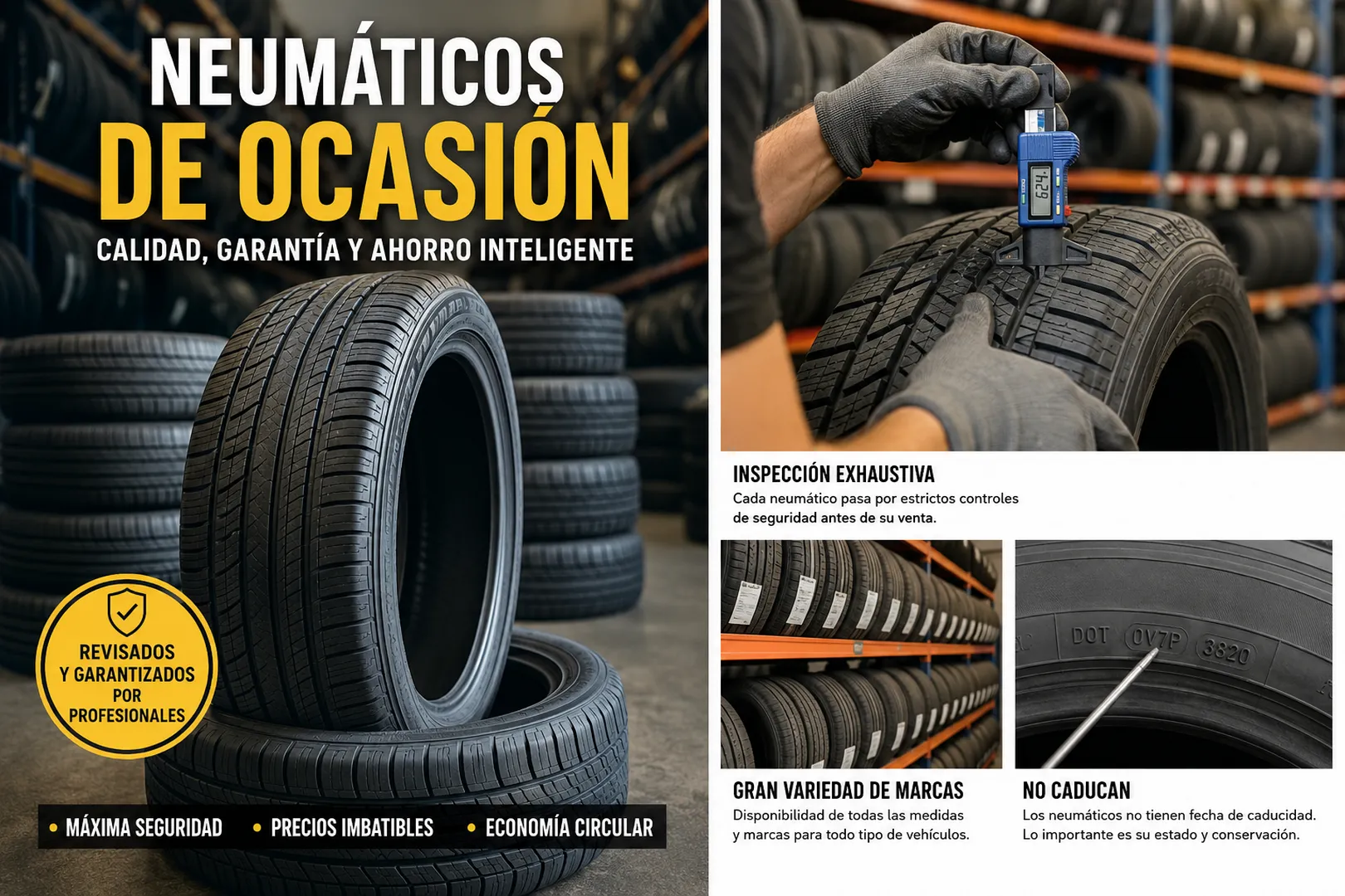 Neumáticos de ocasión inspeccionados por profesionales especializados, una alternativa segura, económica y sostenible para tu vehículo.