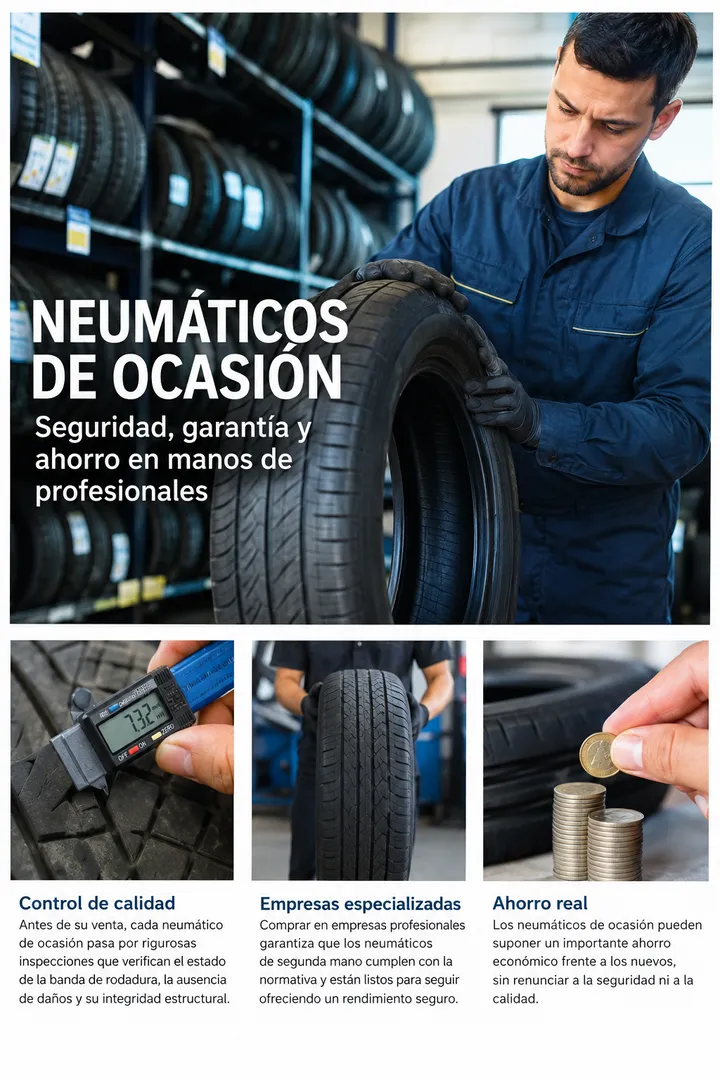 Neumáticos de ocasión inspeccionados por profesionales especializados, una alternativa segura, económica y sostenible para tu vehículo.
